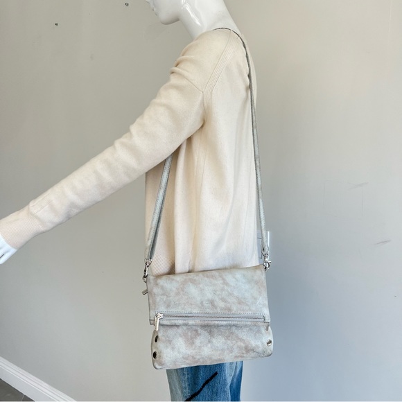 HAMMITT VIP Gray w Pewter Silver Suede Distressed Flap Strap Medium Crossbody - Picture 9 of 16